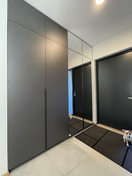 Käändustega kapp, vasak pool- grafiithall melamiin  ja parem pool-pealekleebitud kirgas peegel